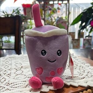 Boba Tea Cup with Straw Pink Hearts Adorned Soft Velvet Plush NWT 🩷